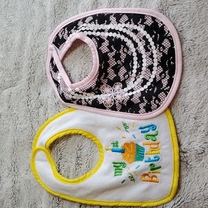 SO DORABLE Pink Pearls & Lace Bib-White Embroidered My 1st Birthday-Yellow Trim